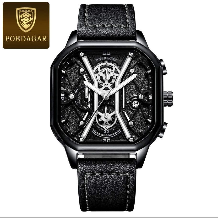 POEDAGAR Luxury Wristwatches Chronograph Leather Quartz Men's Watches - Black Silver