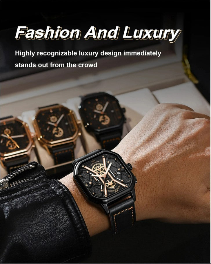 POEDAGAR Luxury Wristwatches Chronograph Leather Quartz Men's Watches - Black Silver