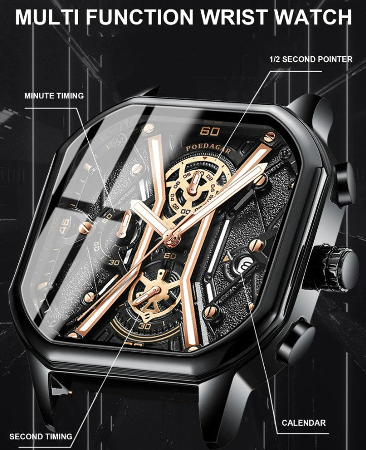 POEDAGAR Luxury Wristwatches Chronograph Leather Quartz Men's Watches - Black Silver