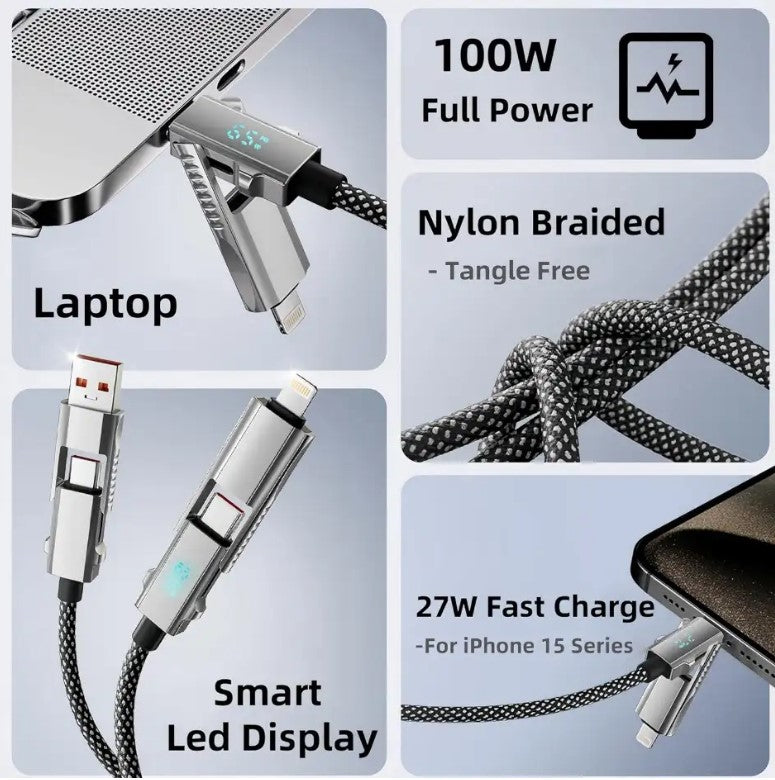 4 in 1 LED Display Multi Charger Cable - Dual USB C/USB A/Lightning Fast Charging Cable - 65W